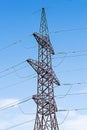 Metal pole of an overhead power line vertically against the sky.