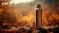 Metal thermos in the autumn forest. Generative AI