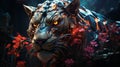 A metal tiger with glowing eyes and flowers