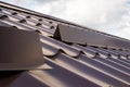 Metal tile roofing construction. Close up snow guard on the roof. Royalty Free Stock Photo