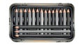 A metal tin box containing 15 graphite pencils neatly arranged in two layers. The Royalty Free Stock Photo
