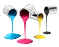 Metal tin cans pouring cmyk color paint