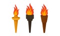 Metal Torches with Brightly Burning Fire and Flame Vector Set