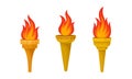 Metal Torches with Brightly Burning Fire and Flame Vector Set