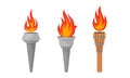 Metal Torches with Brightly Burning Fire and Flame Vector Set