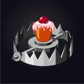Metal trap with cake. Realistic vector illustration.