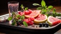 a metal tray topped with slices of watermelon and berries. generative ai