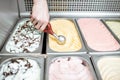 Trays with ice cream in the refrigerator