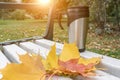 Metal trevel coffee mug with hot drink on a park bench surrounded by autumn colorful leaves, summy day during indian summer in the