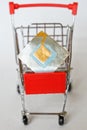 The metal trolley from the supermarket, in which lies the RFID tag. Goods security and alarm. Vertical picture. Close-up