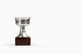 A metal trophy with wooden base on a white background