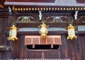 The tsuriÃ¢â¬âdoro hanging lamp on the Shaden Sanctuary of Kitano Tenmangu shrine. Kyoto. Japan Royalty Free Stock Photo