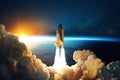 Metal vintage rocket with fire takes off into open starry space near the planet earth with sunset. Retro spacecraft lift off and Royalty Free Stock Photo