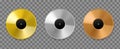 Metal vinyl record. Realistic golden, bronze and platinum top charts audio discs, musical awards albums songs and Royalty Free Stock Photo