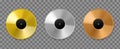 Metal vinyl record. Realistic golden, bronze and platinum top charts audio discs, musical awards albums songs and singers, silver