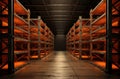 Metal warehouse shelves. Modern logistics warehouse. Shelves for storing goods and goods. Empty shelves with wooden