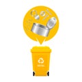 Metal waste and yellow recycling plastic bin isolated on white background, plastic bin and metal garbage, waste metal canned, Royalty Free Stock Photo