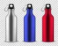 Metal water bottle. Drinking reusable bottles, drink aluminum flask fitness sports realistic stainless vector set Royalty Free Stock Photo
