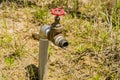 Metal water spigot with red tap in ground Royalty Free Stock Photo