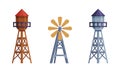 Metal Water Tower or Water Tank and Windmill with Rotating Wheel Vector Set