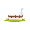 Metal water trough with faucet in wooden stand. Container for water. Farm theme. Cartoon vector design