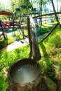 Metal water wheel. Wooden barrel with clean water