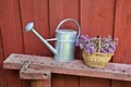 Metal watering can and wicker basket by the wooden wall Royalty Free Stock Photo