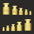 Metal weights to determine weight. Calibration weights. Calibration Weight Laboratory Set.