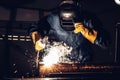 Metal welder working with arc welding machine