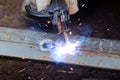 Metal welding hand man close-up Royalty Free Stock Photo