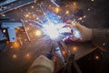 Metal welding. Sparks from electric heating. Royalty Free Stock Photo