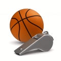 Metal whistle and basketball ball on white background. Isolated