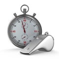 Metal whistle and stopwatch on white background. Isolated 3D ill