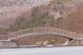 Metal and wood foot bridge over a frozen pond