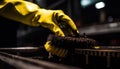 Metal worker holding flame, repairing machinery with protective workwear generated by AI