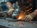 Metal Worker Using Grinder with Sparks Flying in Industrial Workshop Royalty Free Stock Photo