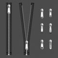 Metal zip fasteners, silver zippers puller set