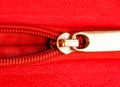 Metal zipper on intense red leather jacket or purse detail close up macro. The zipper is partly open and binding together Royalty Free Stock Photo