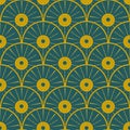 Art deco Metallic Gold Abstract sun rays seamless pattern on teal background.