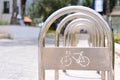 Metall bicycle parking lot in the city