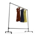 Metall Clothing Display Rack with Dresses on white. 3D illustration