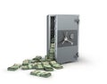 metall safe with open door and dollars bills