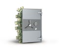 metall safe with open door and dollars bills