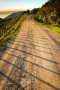 Metalled rural road with baton and wire fence, Mahia Peninsula, North Island, New Zealand Royalty Free Stock Photo