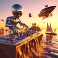 metallic alien deejay, hosting a crowded beach party in tropical island at sunset surreal scene