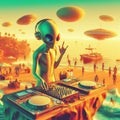 metallic alien deejay, hosting a crowded beach party in tropical island at sunset surreal scene