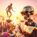 metallic alien dj with human skull, wearing glasses earphone dj of beach party in tropical island