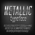 Metallic alphabet font. Beveled chrome letters, numbers and punctuation with shadow.