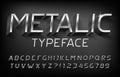 Metallic alphabet font. 3D chrome effect letters and numbers with shadow.