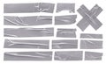 Metallic aluminum reinforced tape set of silver sticky crumpled torn strips of scotch tape on white background